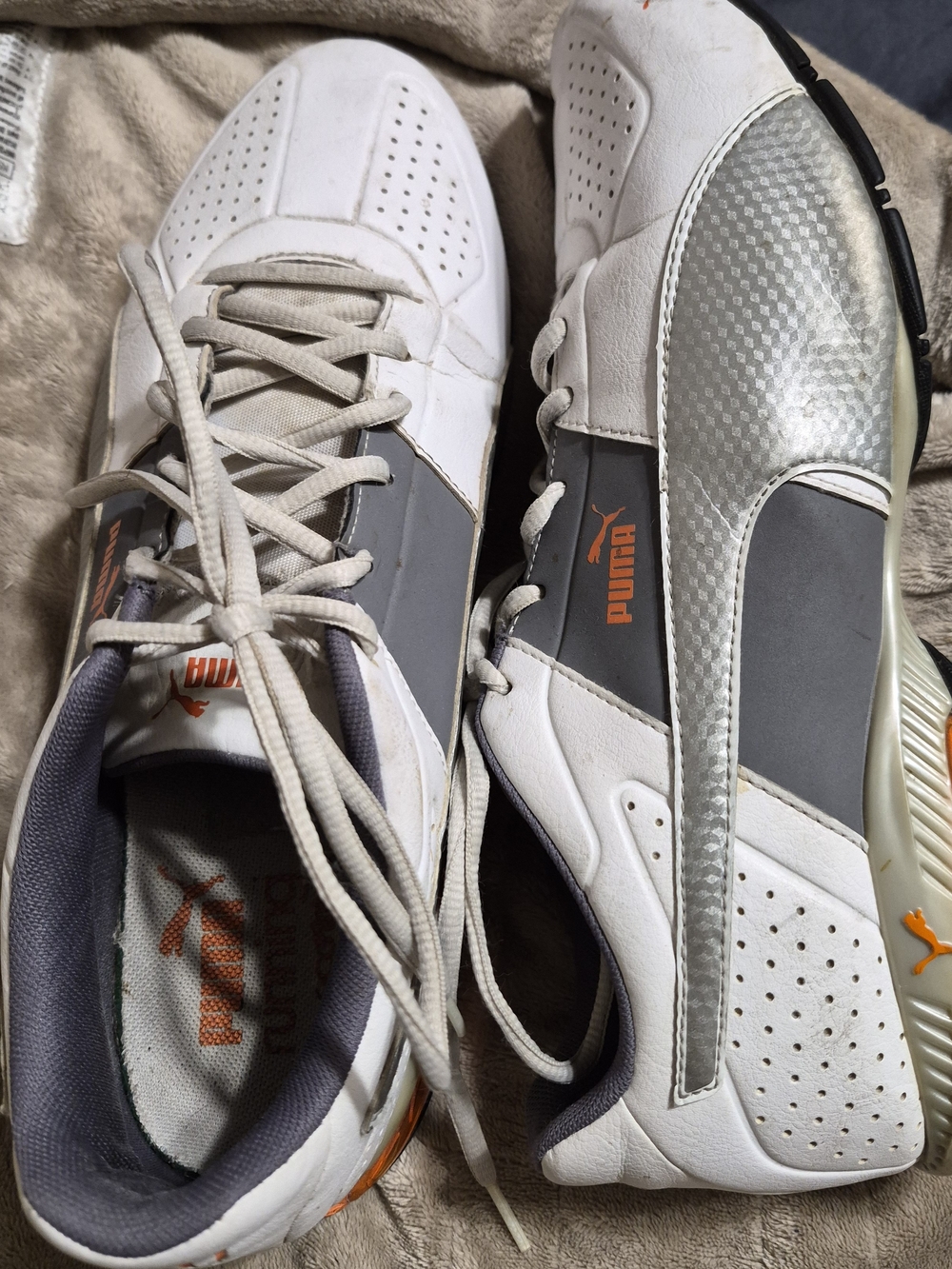 Puma Men’s White Gray Athletic Sneakers with Orange Logo